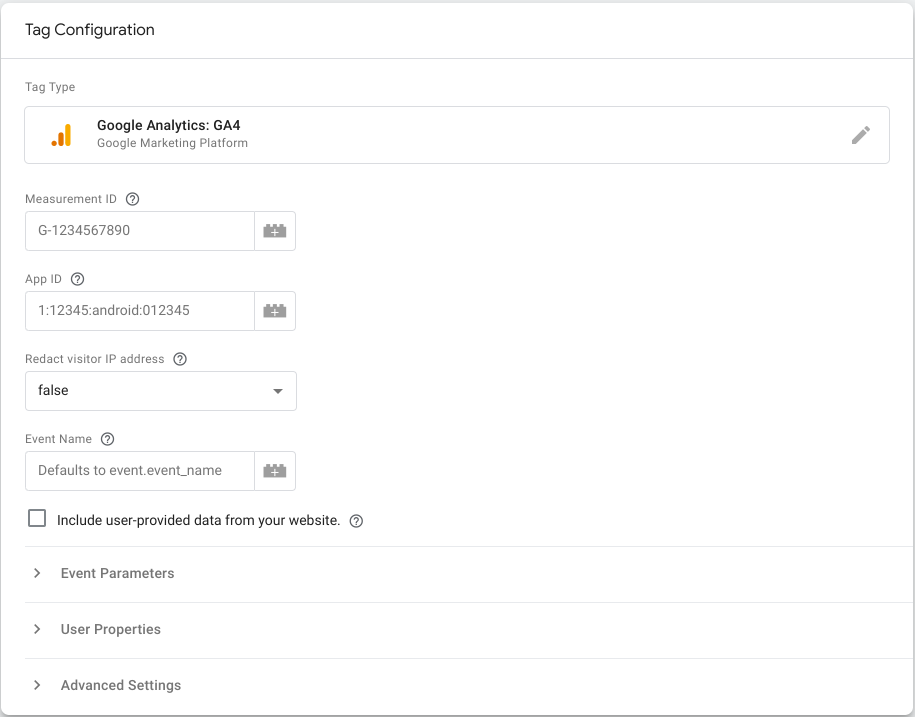 תמונה שבה מוצגות הגדרות התג Google Analytics: GA4 ב-Tag Manager