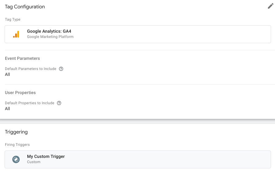 Image montrant la balise GA4 après avoir configuré un déclencheur