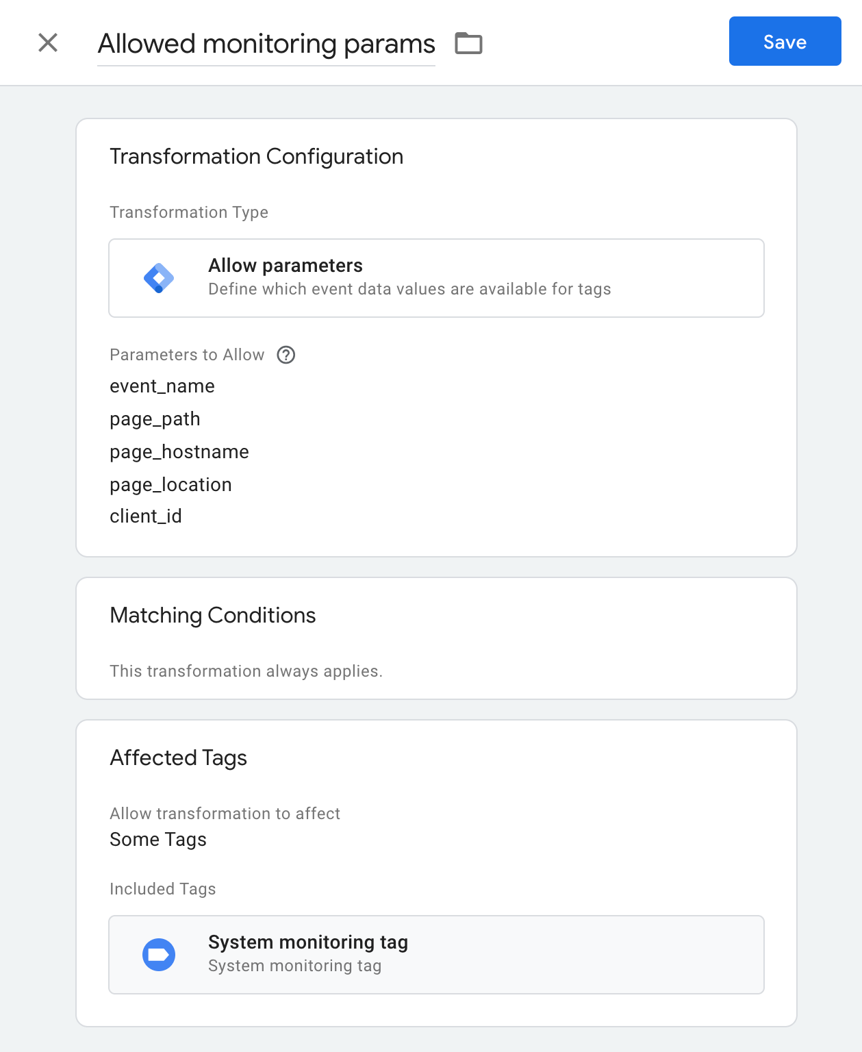 Screenshot of an allow parameters transformation