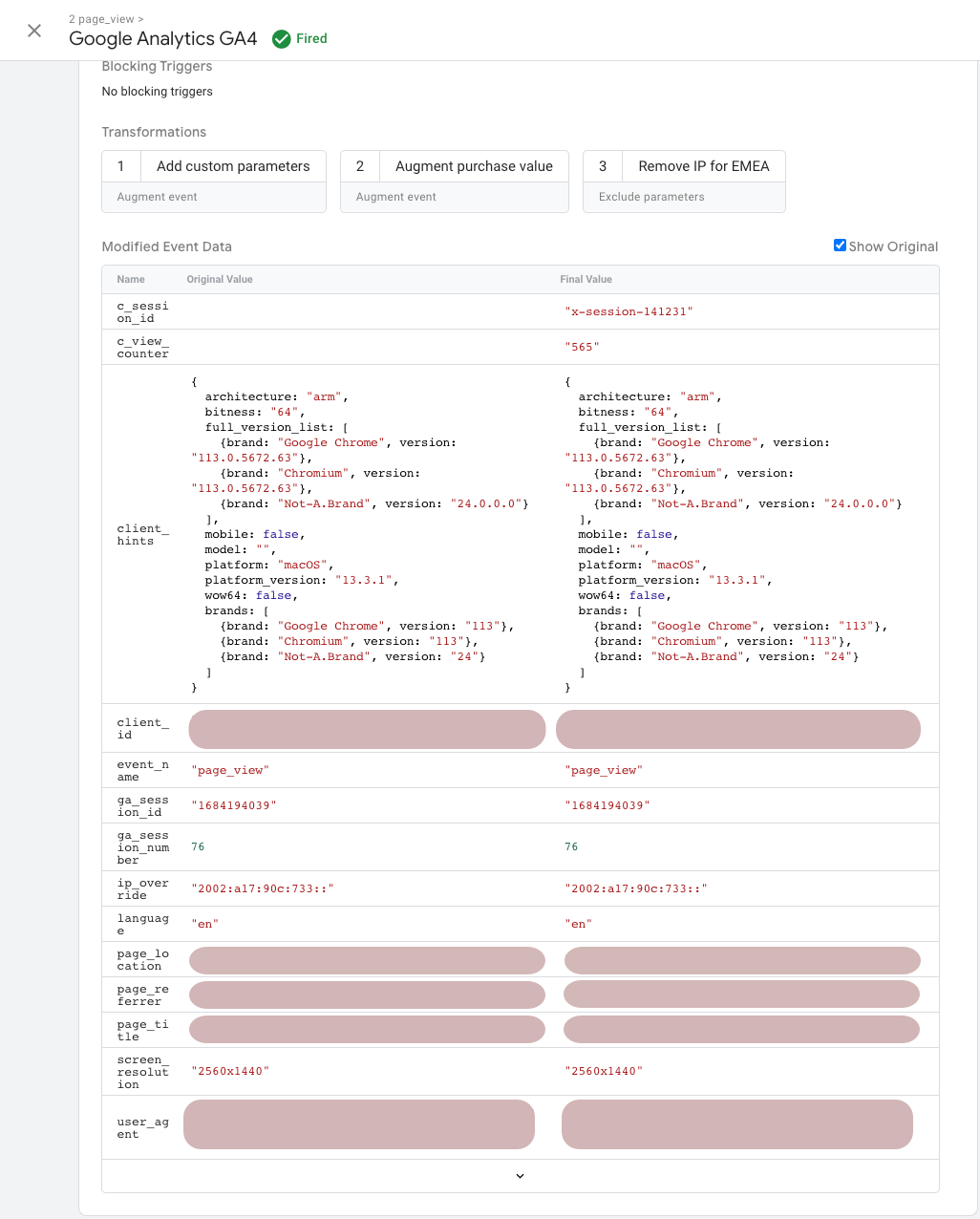 Panoramica dei parametri evento modificati