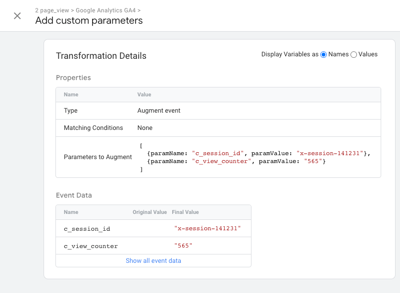 Detalles de una transformación en Tag Assistant