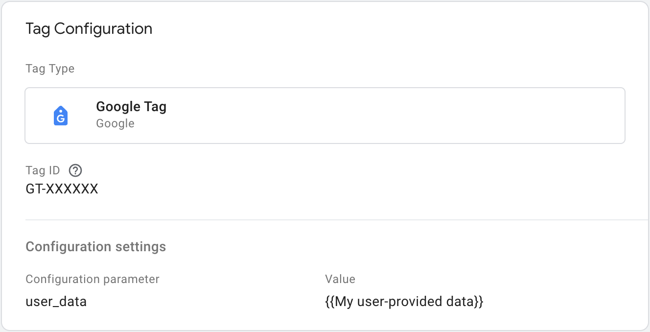 Capture d&#39;écran de la configuration finale de la balise Google qui fait référence à la variable de données fournies par l&#39;utilisateur.