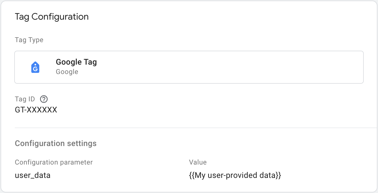 Screenshot konfigurasi tag Google akhir yang merujuk ke variabel data yang disediakan pengguna.