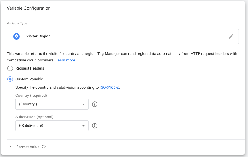 Captura de tela mostrando as configurações da variável