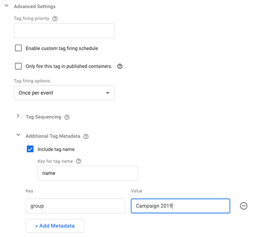 Screenshot der Tag Manager-Benutzeroberfläche mit der Position des Bereichs „Zusätzliche Tag-Metadaten“