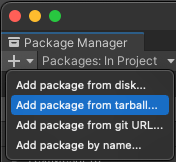 Screenshot Jendela Unity Package Manager dengan item drop-down &quot;Tambahkan dari tarball&quot; item dropdown dipilih