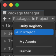 Screenshot Jendela Package Manager Unity dengan item dropdown &quot;Dalam Project&quot;