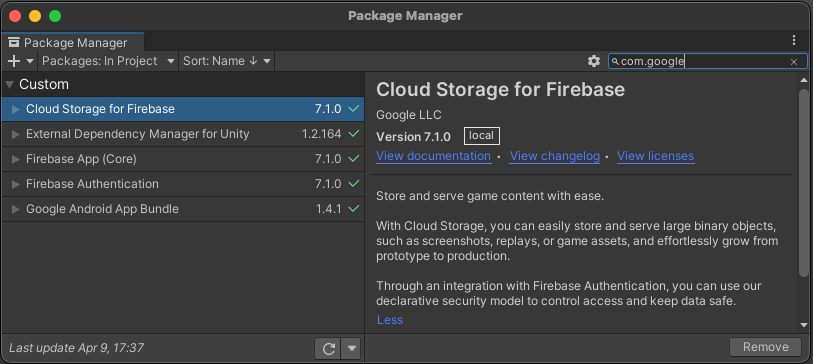 Screenshot Jendela Unity Package Manager dengan 