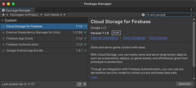 Screenshot Jendela Unity Package Manager dengan &quot;com.google&quot; di kotak penelusuran dengan panel kiri yang hanya berisi Paket Goaogle