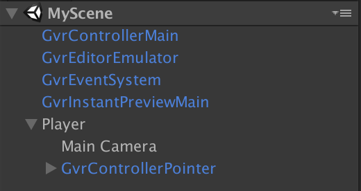 Scene with Google VR prefabs