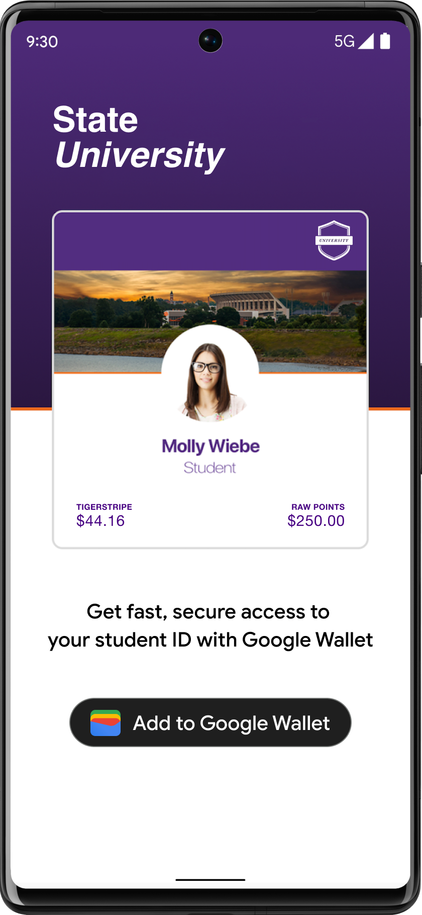 Pulsante Aggiungi a Google Wallet in evidenza nell&#39;app account dello studente.