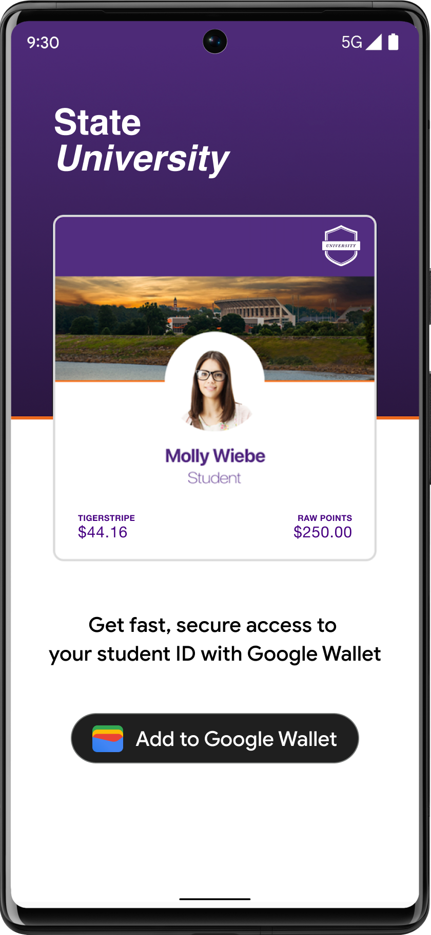 छात्र-छात्रा खाता ऐप्लिकेशन में प्रमुखता से दिखाए जाने वाले &#39;Google Wallet में जोड़ें&#39; बटन
  पर क्लिक किया जाता है.