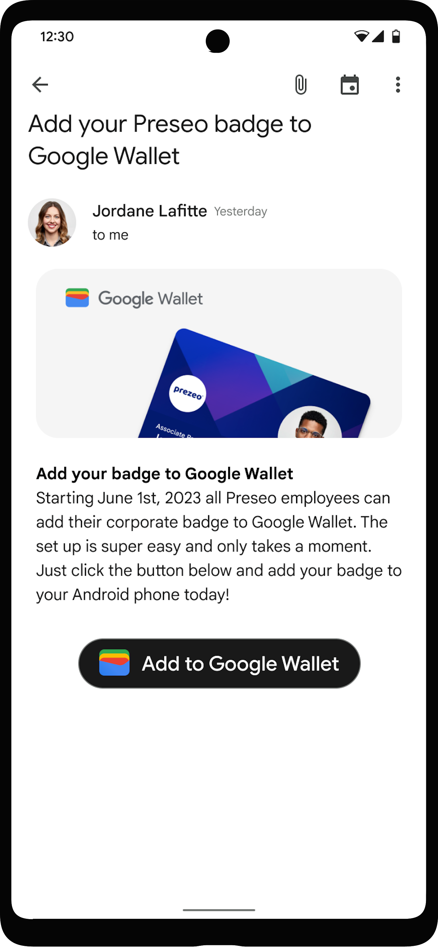 دکمه افزودن به Google Wallet که به طور برجسته در برنامه حساب کاربری قرار دارد.