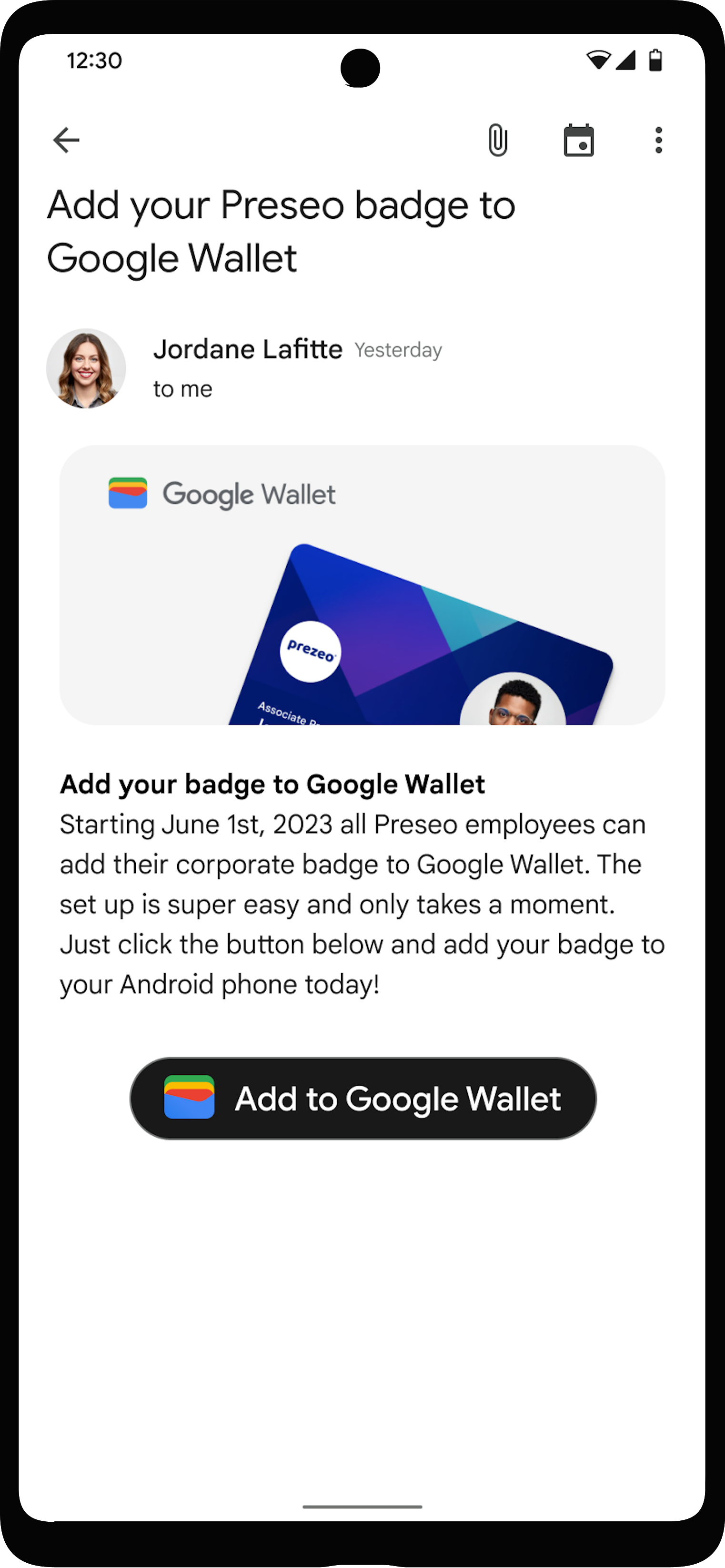 Bouton &quot;Ajouter à Google Wallet&quot; bien visible dans l&#39;interface utilisateur
  l&#39;application de gestion de compte.