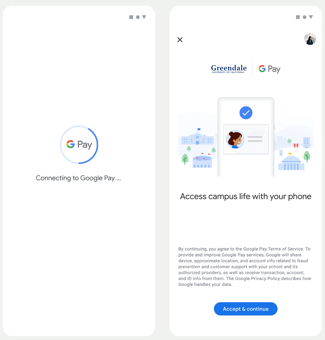 Sur le premier écran, l&#39;application se connecte à Google Wallet. Sur le deuxième écran, l&#39;utilisateur accepte les conditions d&#39;utilisation et poursuit.