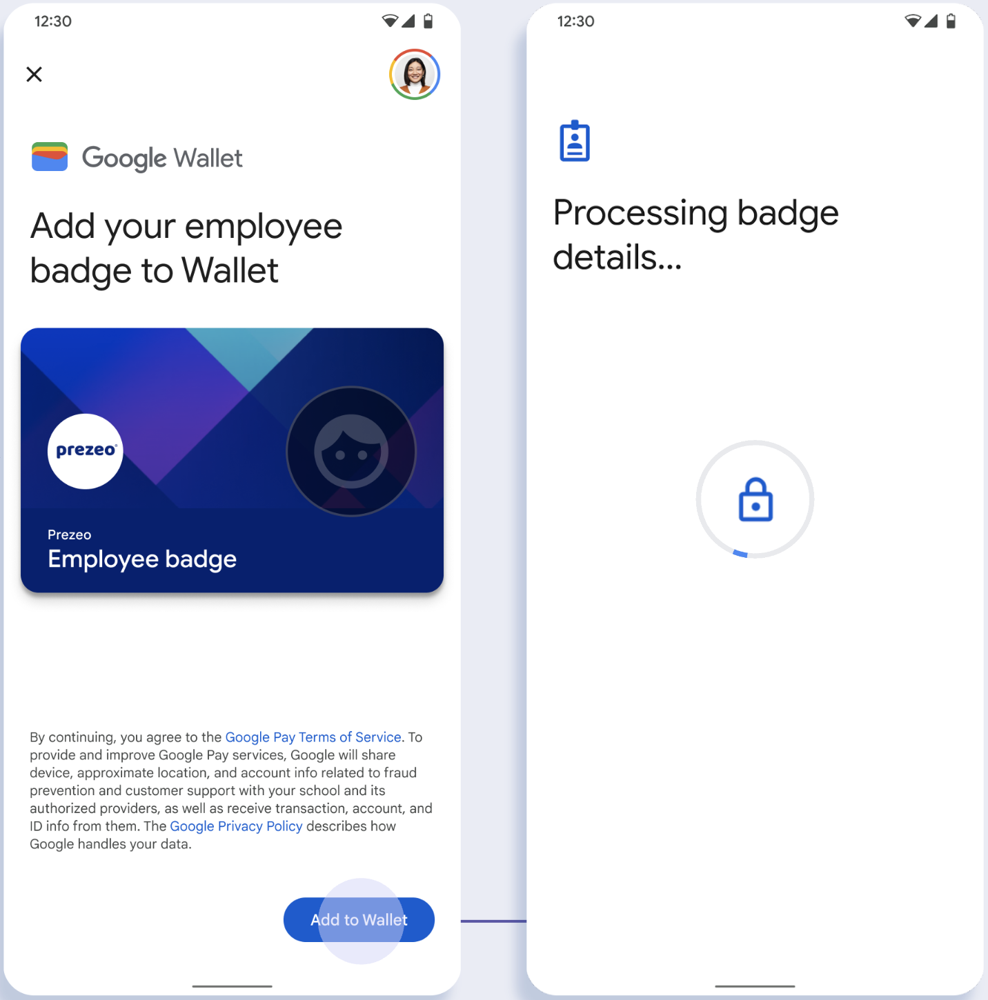 在第一个屏幕中，应用连接到 Google 钱包。在第二个屏幕中，用户接受服务条款并继续。