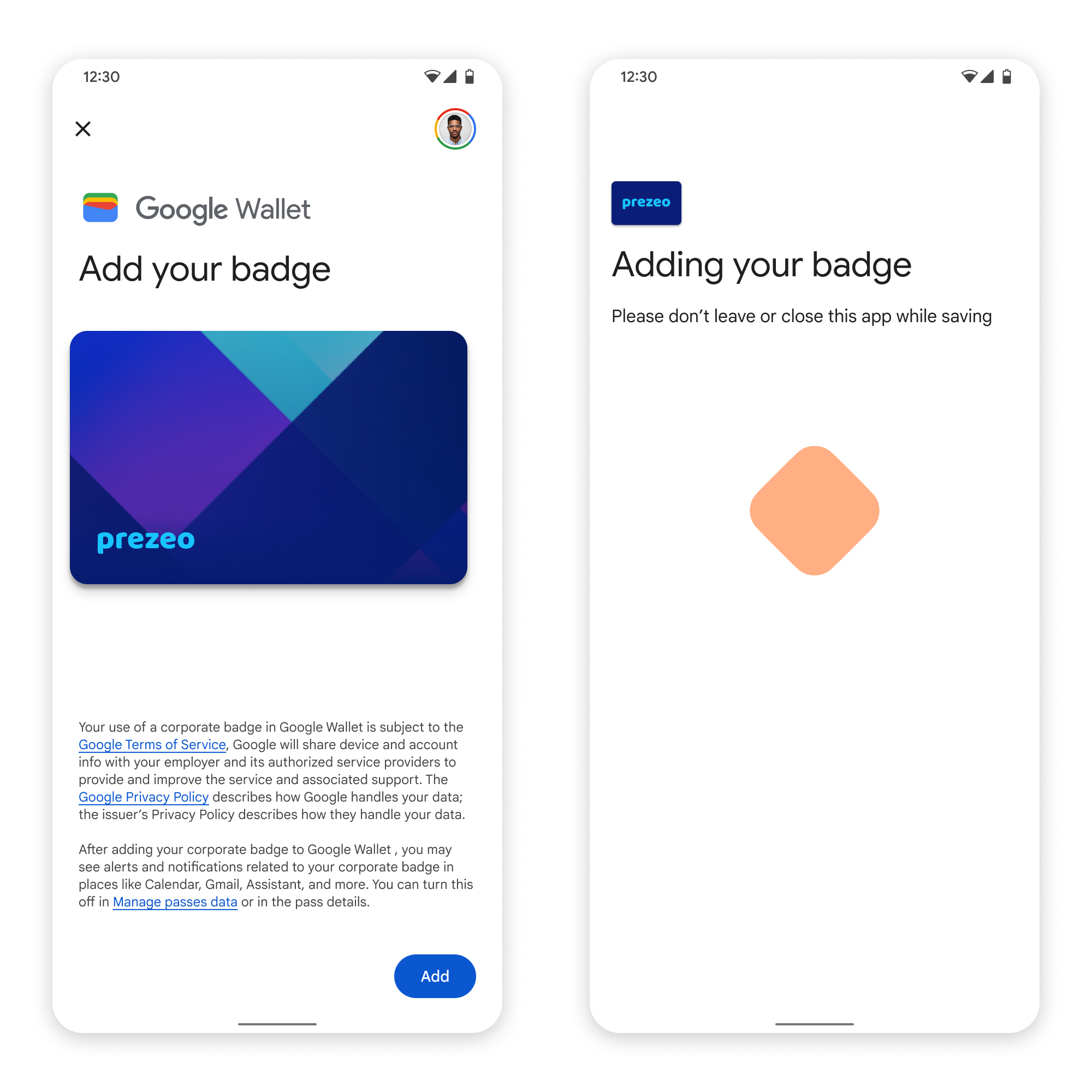 Sur le premier écran, l&#39;application se connecte à Google Wallet. Sur le deuxième écran, l&#39;utilisateur accepte les conditions d&#39;utilisation et poursuit.