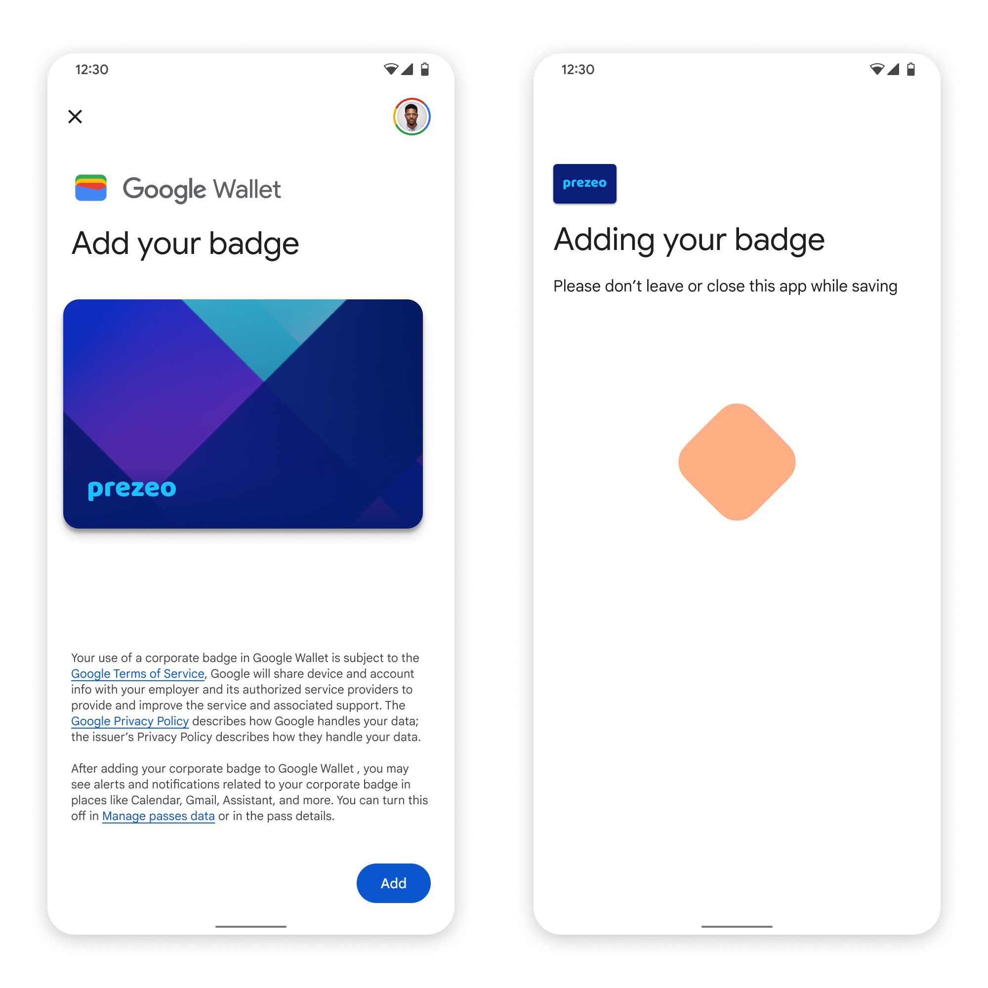 पहली स्क्रीन पर, ऐप्लिकेशन को Google Wallet से कनेक्ट कर दिया गया है. तय सीमा में
       दूसरी स्क्रीन पर, उपयोगकर्ता सेवा की शर्तें स्वीकार करता है और आगे बढ़ जाता है.