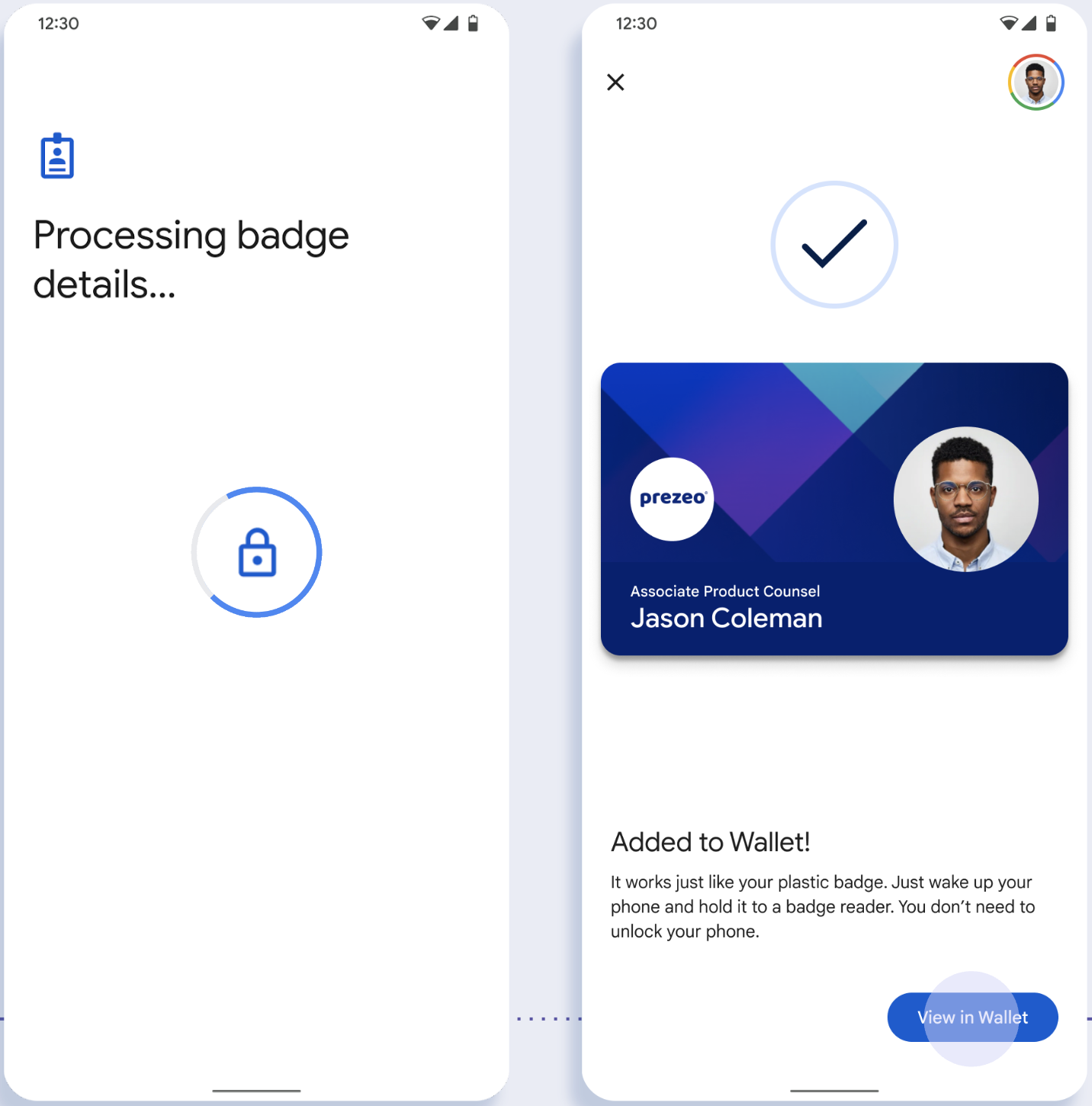 첫 번째 화면에서 앱은 사용자의 휴대전화에 ID를 저장합니다. 두 번째 화면에 ID가 저장되고 성공 메시지가 표시됩니다.