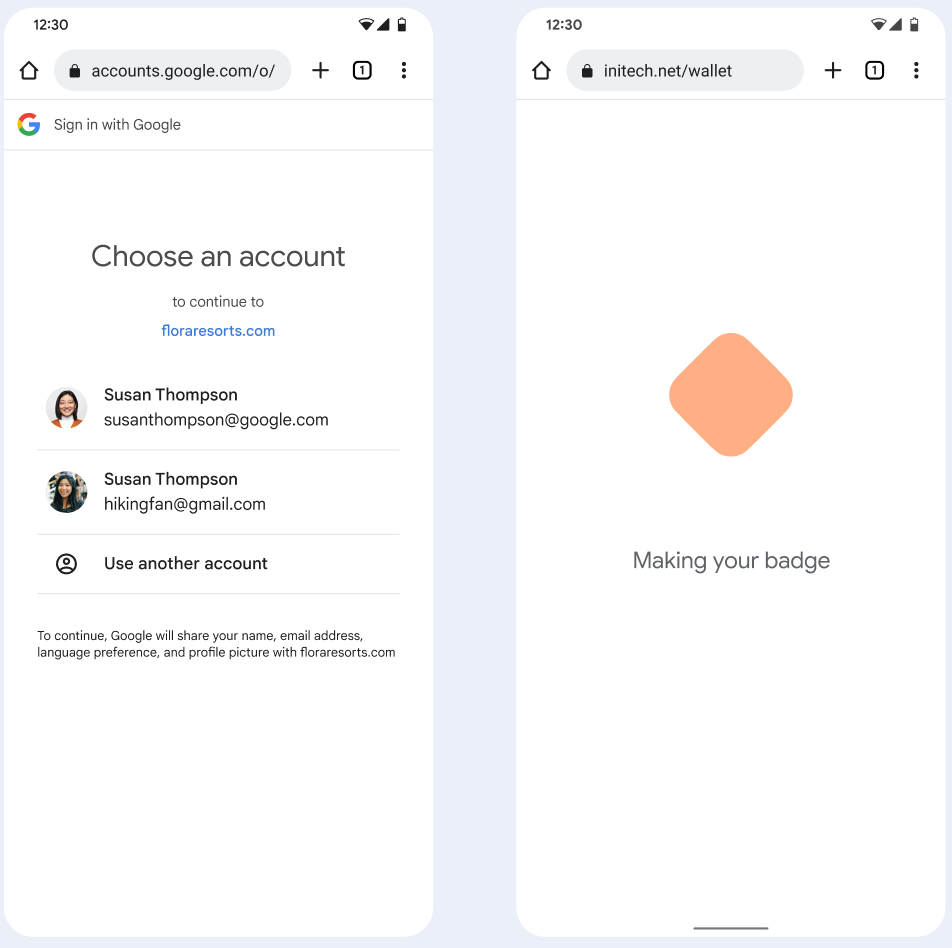 In the first screen, the user chooses a Google Account to link to
      their Corporate Badge. In the second screen, the user is shown a
      loading screen.