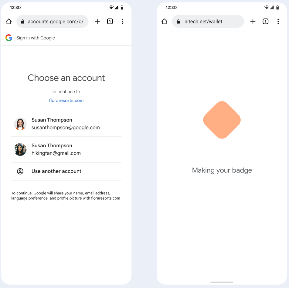 在第一个界面中，用户选择要与自己的多家庭密钥相关联的 Google 账号。在第二个屏幕中，系统会向用户显示加载界面。