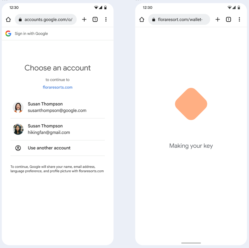 在第一个屏幕中，用户选择要与其酒店钥匙相关联的 Google 账号。在第二个屏幕中，系统会向用户显示一个加载画面。