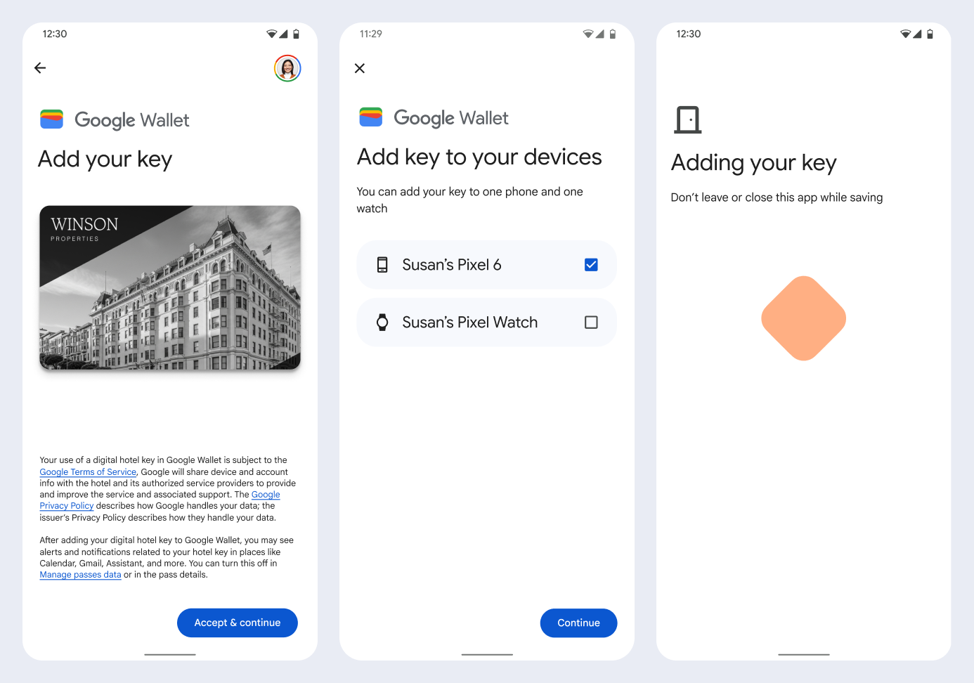 In first screen, the app connects to Google Wallet. In
       the second screen, the user accepts the Terms of Service and continues.