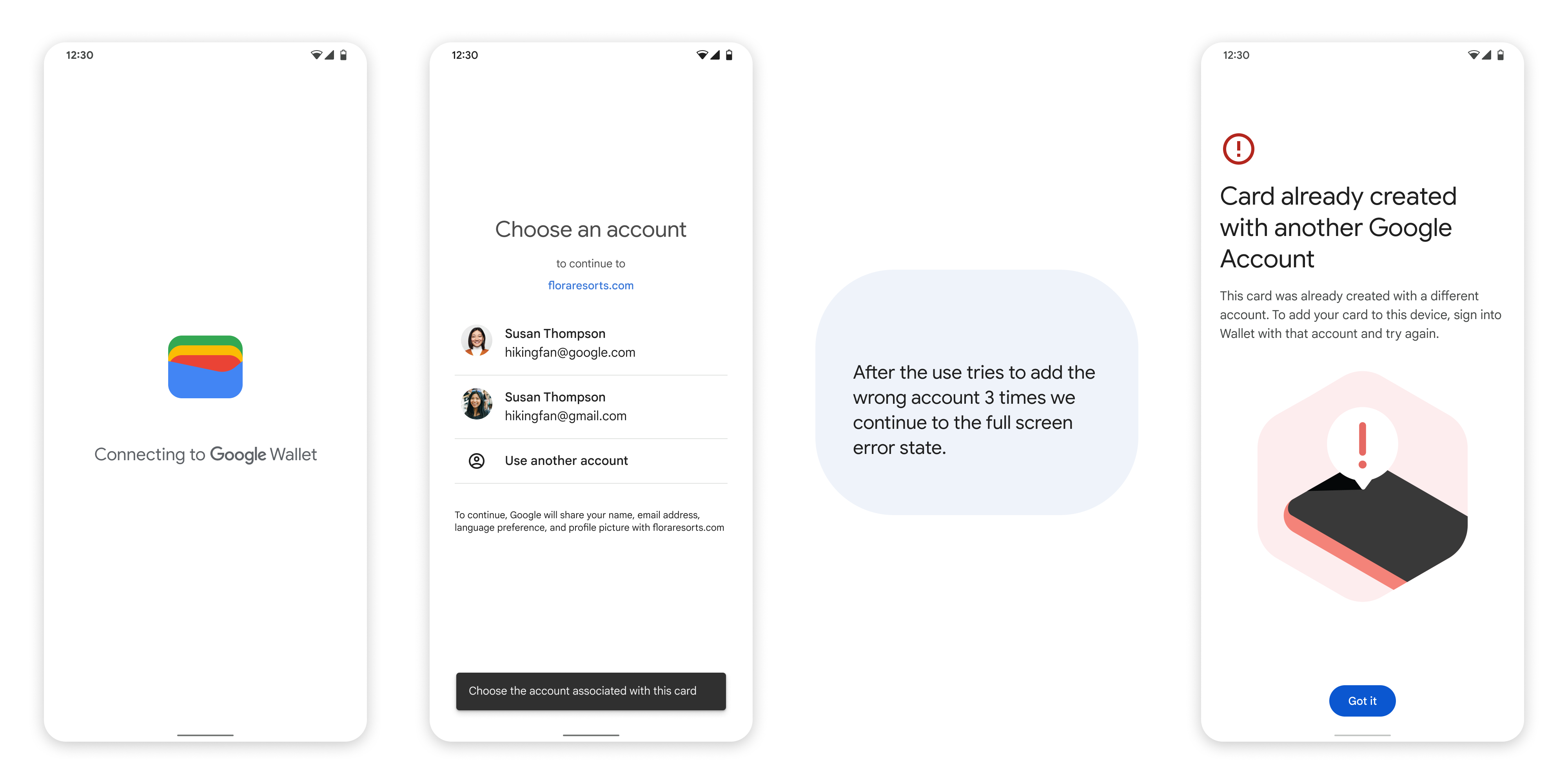 Na segunda tela, o seletor de Contas do Google aparece para o usuário. Em
      Na última tela, aparece a mensagem &quot;Não é possível adicionar ao smartphone&quot; mensagem.