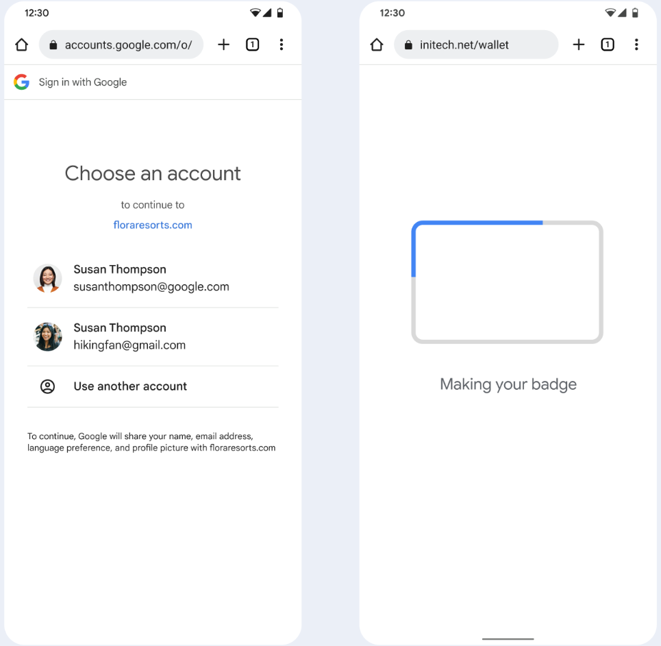 في الشاشة الأولى، يختار المستخدم حساب Google لربطه به
      شارة الشركة. في الشاشة الثانية، يظهر للمستخدم
      شاشة التحميل.