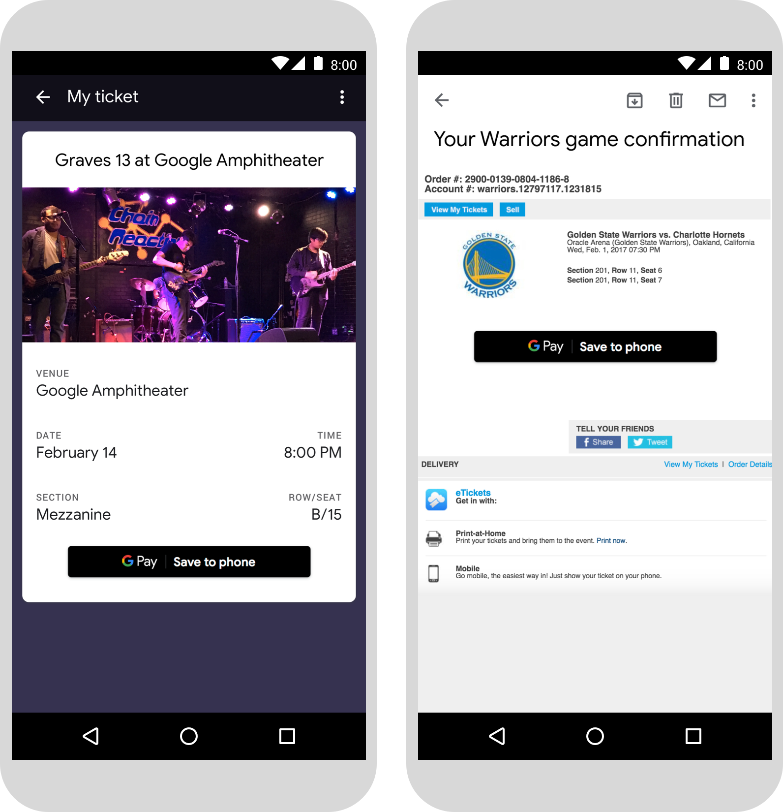 Exemplos de páginas da Web de smartphones com o botão &quot;Salvar no Google Pay&quot;