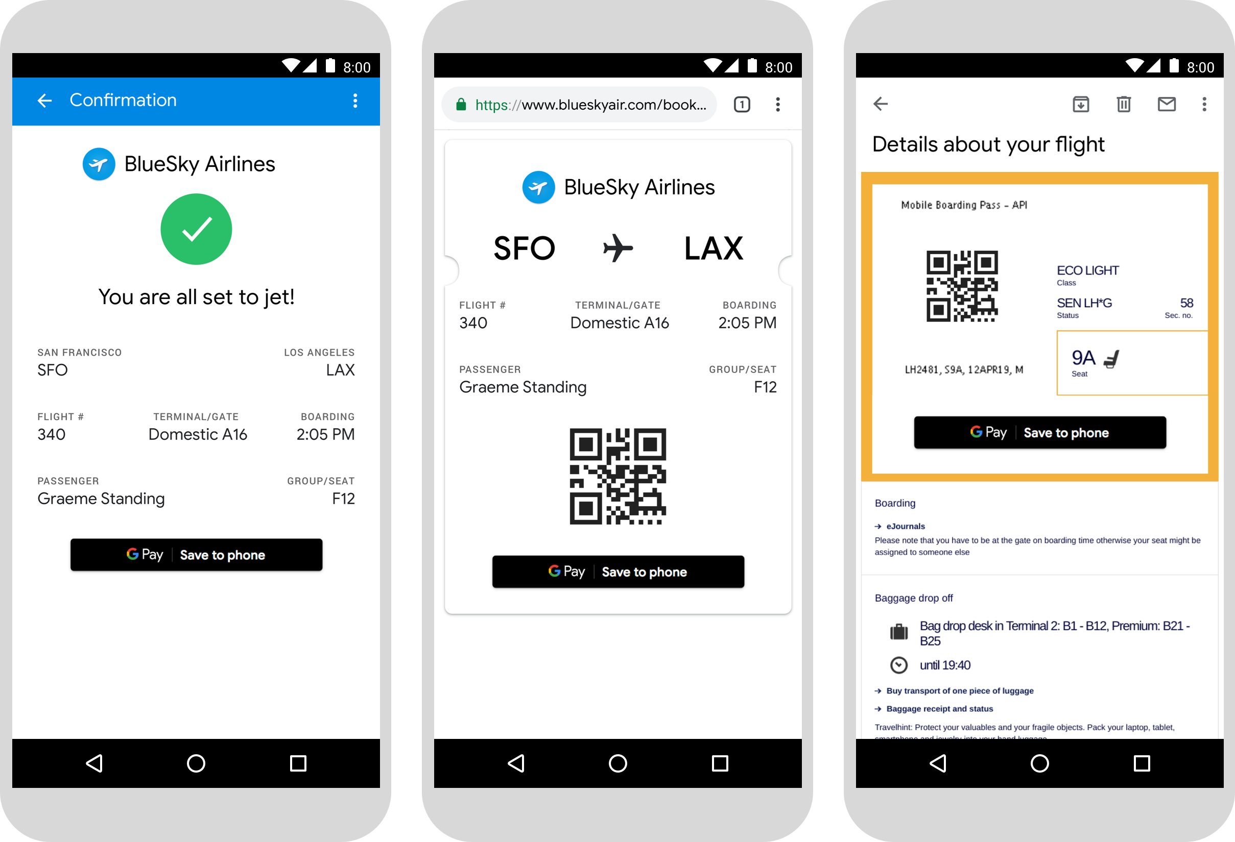 Examples of smart phone web pages displaying boarding passes with the Save to Google Pay button