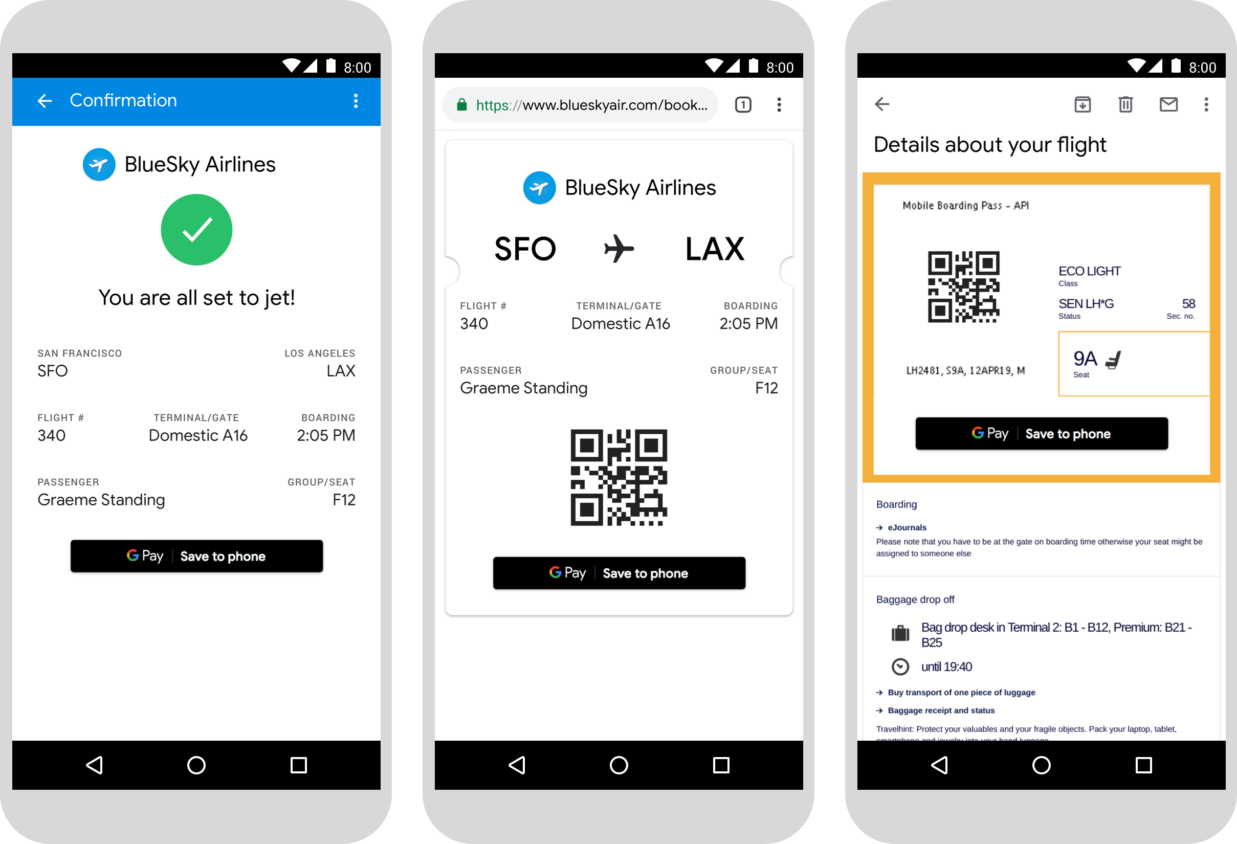 Exemple de pages Web sur smartphone présentant des cartes d&#39;embarquement avec le bouton &quot;Enregistrer dans Google Pay&quot;