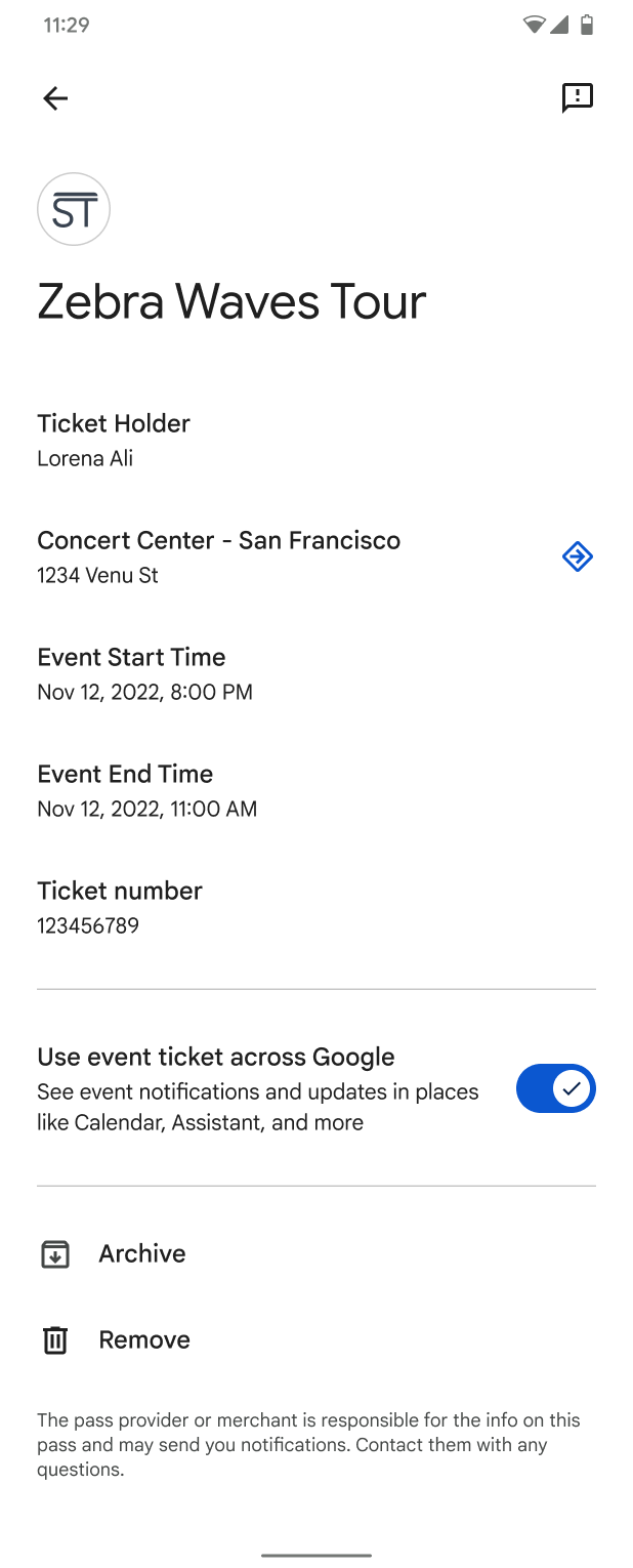 Google Wallet pass details view
