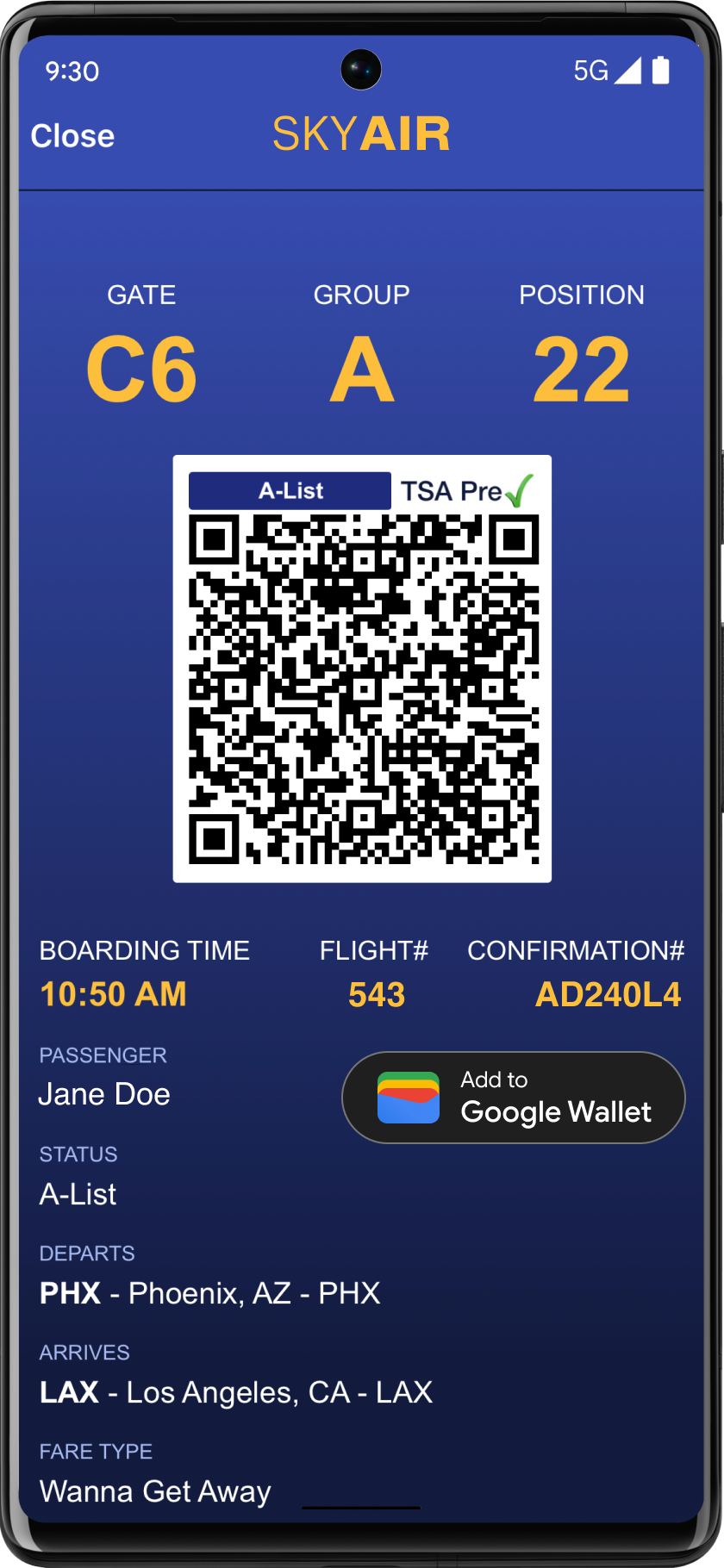 Sky air boarding pass