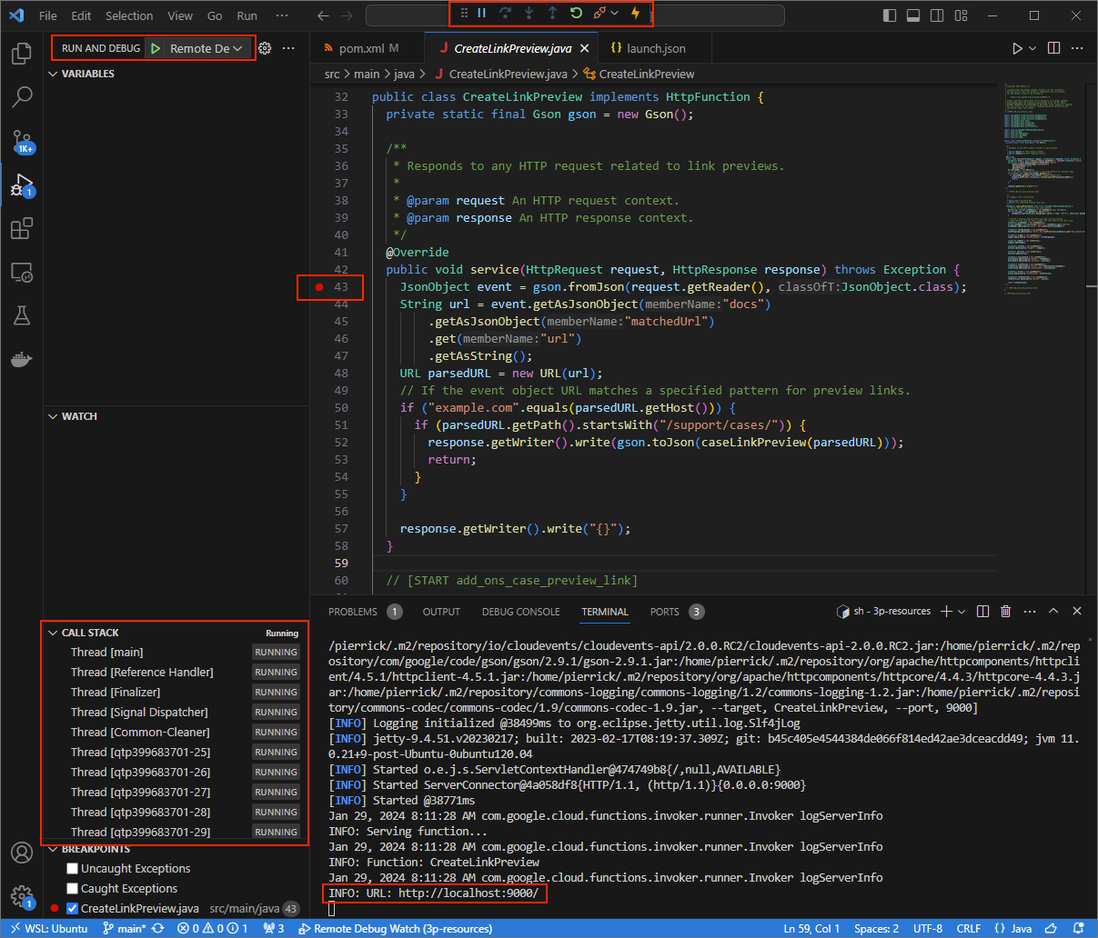 La aplicación se está ejecutando y escucha solicitudes HTTP en el puerto 9000.