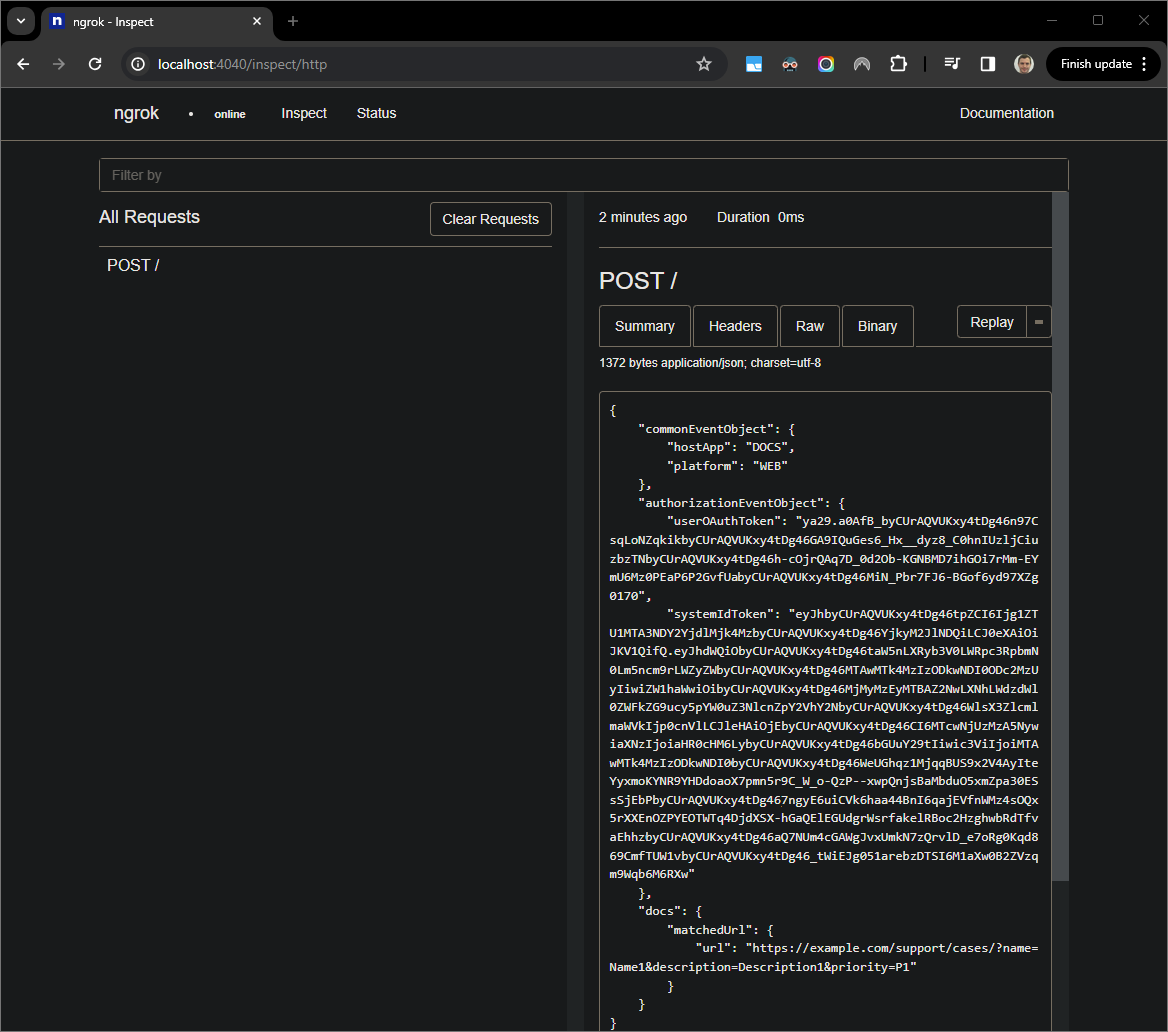 Permintaan HTTP dari antarmuka web yang dihosting oleh `ngrok`
aplikasi