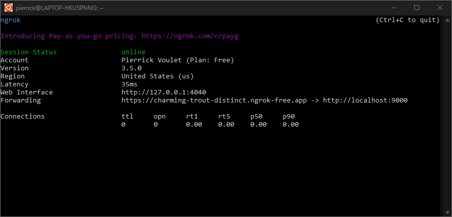 The terminal with `ngrok` server running and
redirecting