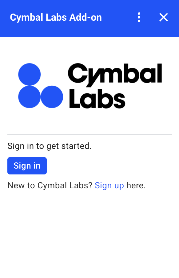 Carte d&#39;autorisation personnalisée pour Cymbal Labs, comprenant le logo de l&#39;entreprise, une description et un bouton de connexion.