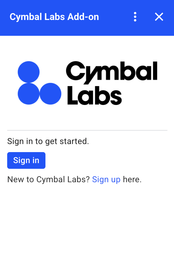 Cymbal Labs के लिए कस्टम अनुमति कार्ड, जिसमें कंपनी का लोगो, जानकारी, और साइन इन बटन शामिल है.