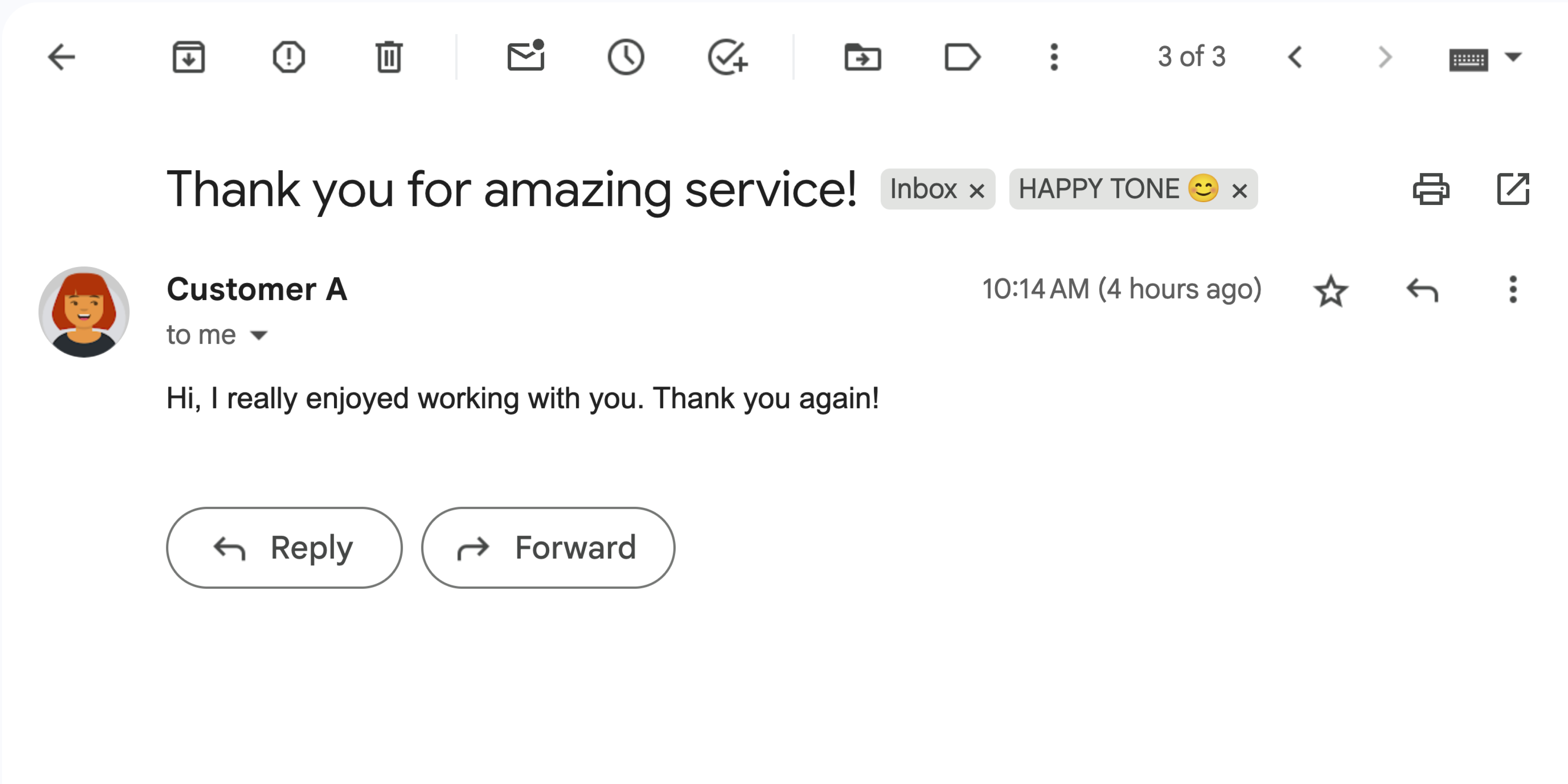 Un mensaje de Gmail con un sentimiento positivo.