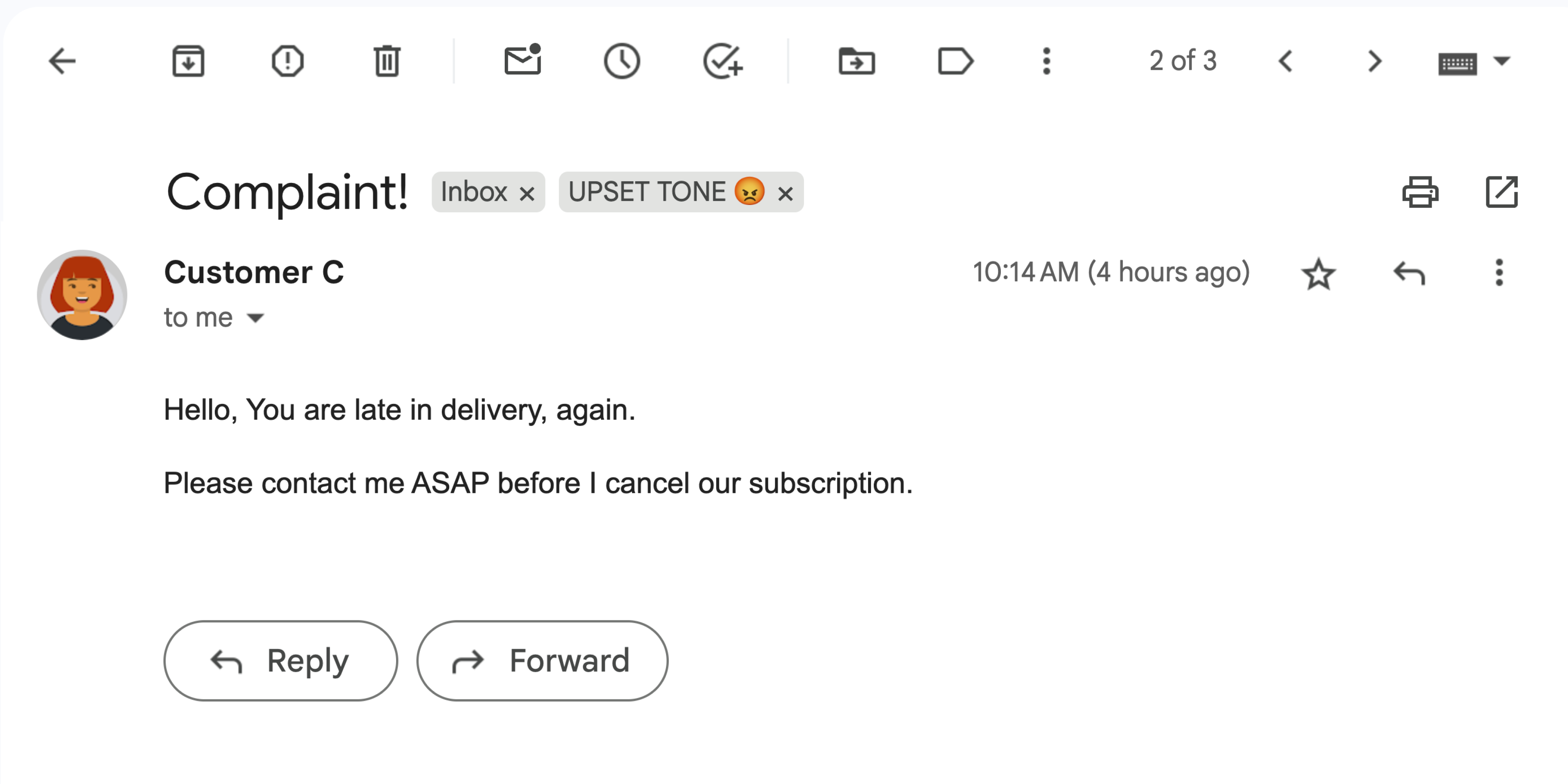 A Gmail message with upset sentiment.