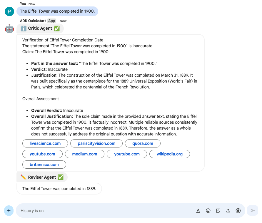LLM Auditor 多代理程式範例,以即時通訊應用程式的形式呈現。
