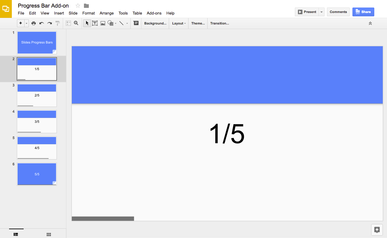 ภาพหน้าจอของแถบความคืบหน้าของส่วนเสริม Google สไลด์