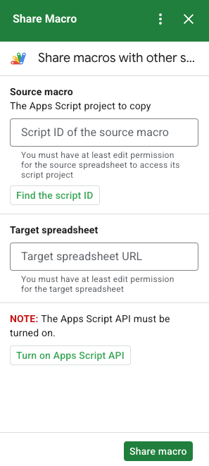 Capture d&#39;écran du module complémentaire Google Workspace Partager une macro