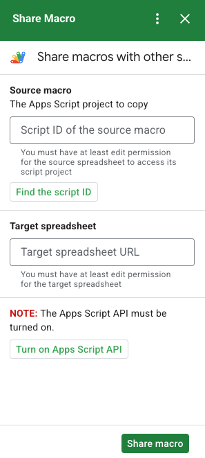Captura de tela do complemento Compartilhar Macro do Google Workspace