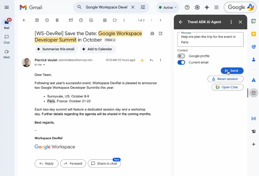 使用 Gmail 中的 AI 代理根据所选电子邮件中的内容规划行程。