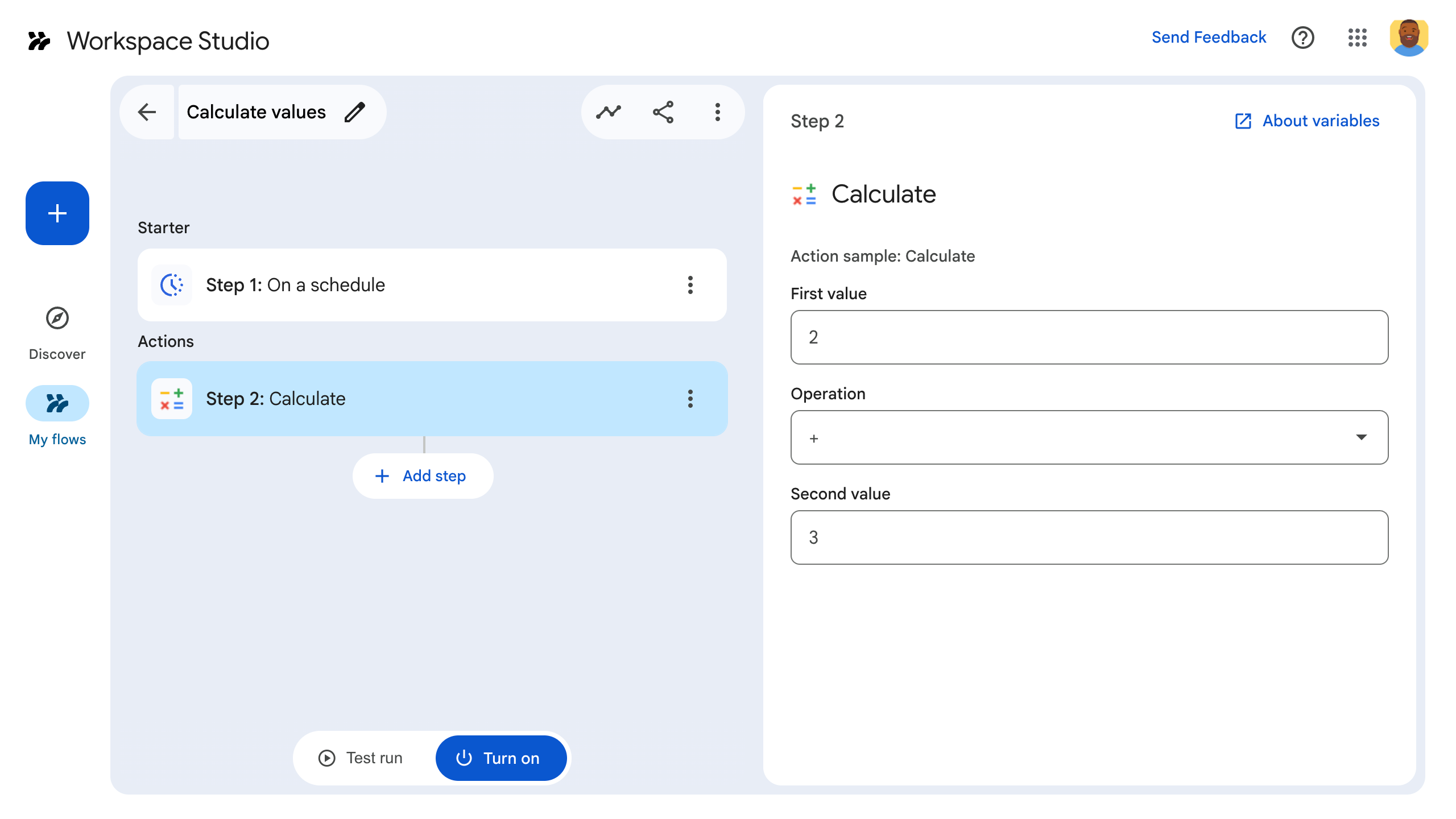 A user configures the calculator step as part of an agent.