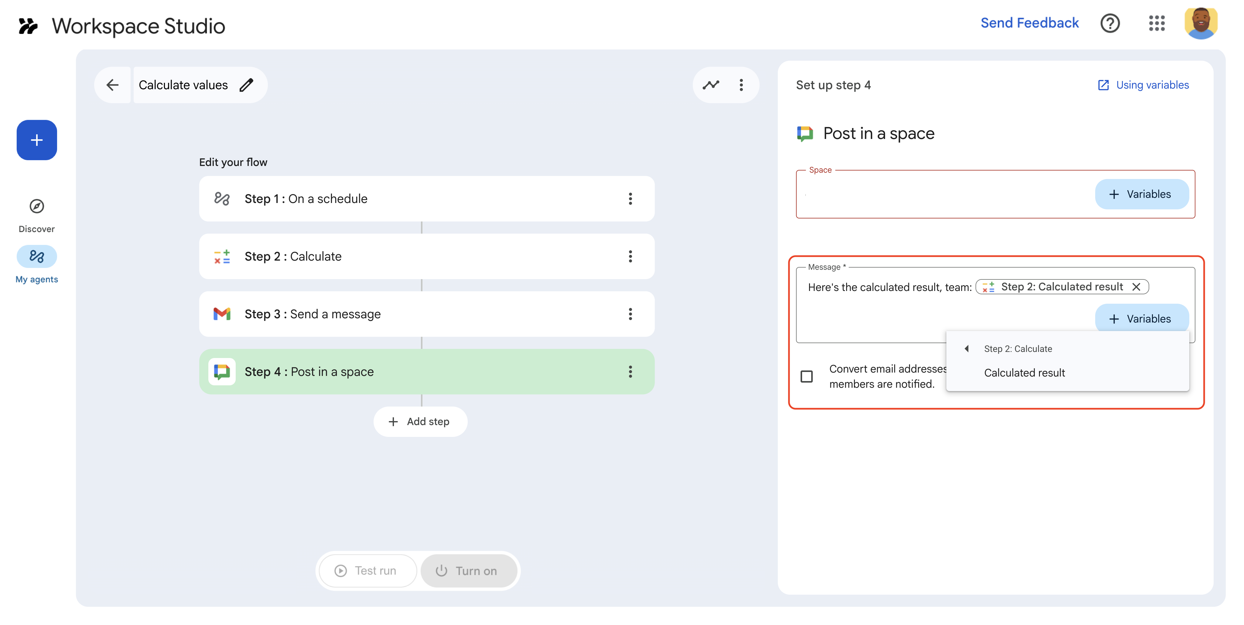 The variables menu lets users select output variables from prior steps.