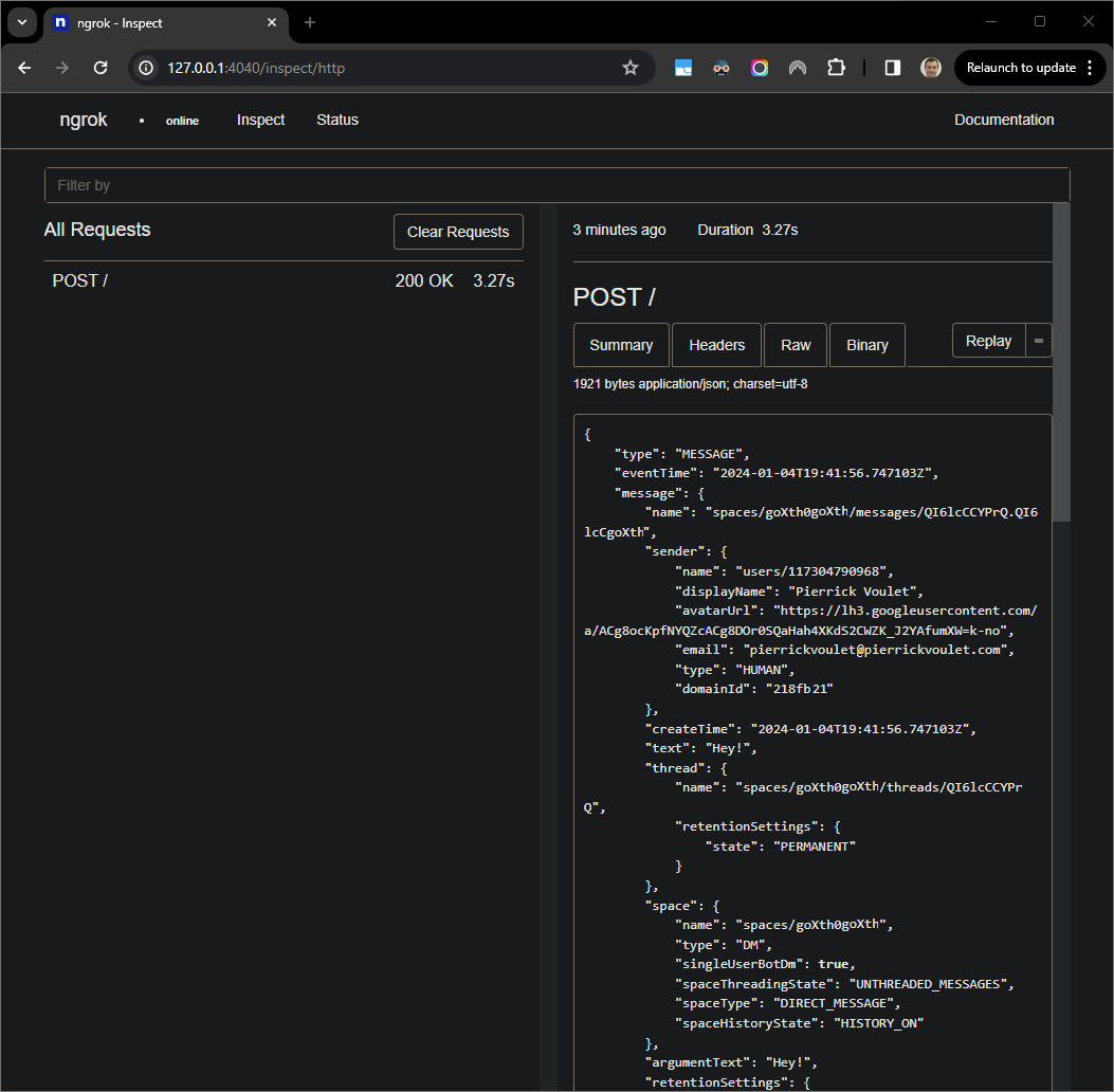 Permintaan HTTP dari antarmuka web yang dihosting oleh aplikasi `ngrok`