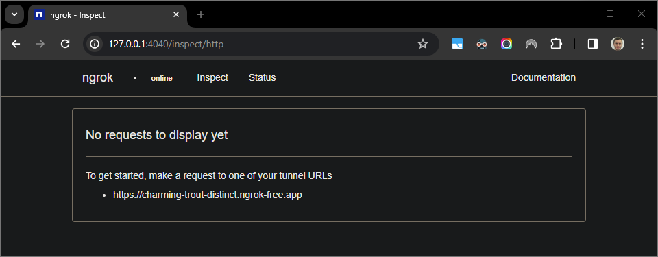 La interfaz web alojada por la aplicación “ngrok” que no muestra solicitudes HTTP